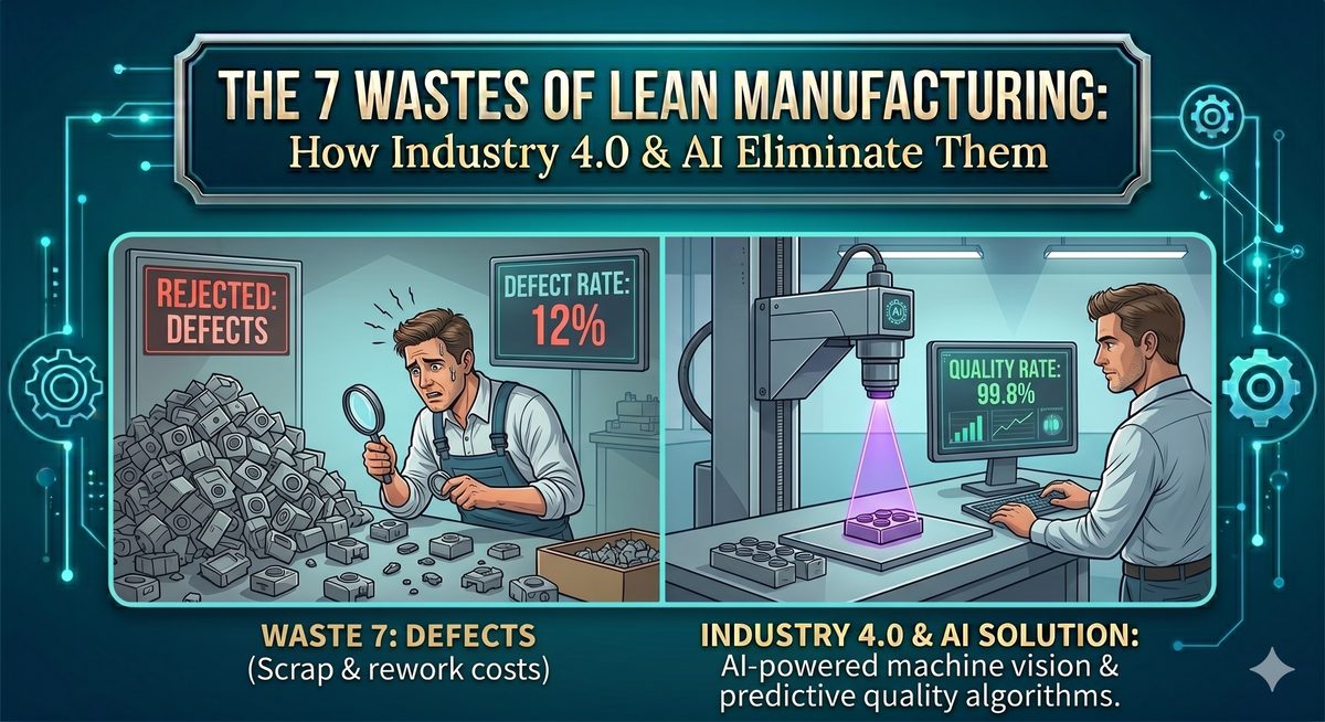 The 7 Wastes of Lean Manufacturing: How Industry 4.0 and AI Eliminate Them infographic